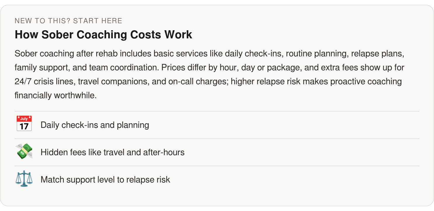 In plain terms: Sober coaching after rehab includes basic services like daily check‑ins, routine planning, relapse plans, family support, and team coordination. Prices differ by hour, day or package, and extra fees show