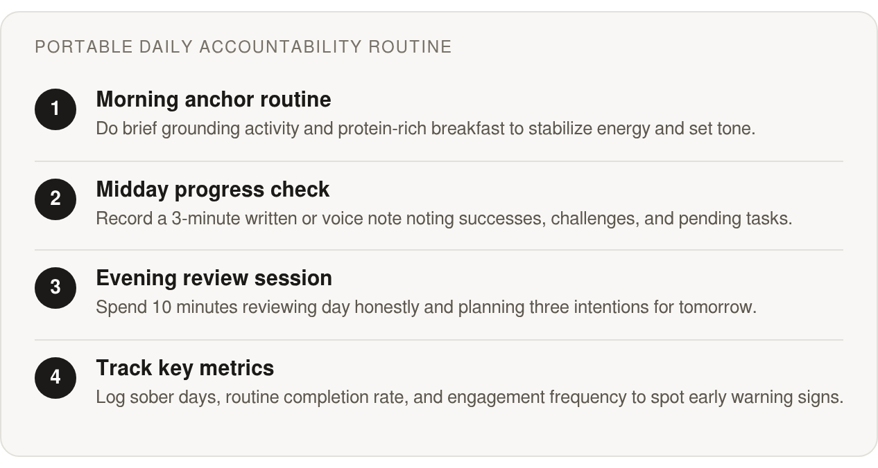 Step by step: Morning anchor routine; Midday progress check; Evening review session; Track key metrics