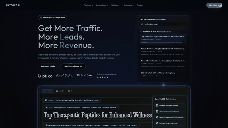 Screenshot: Homepage overview of AnyPost.ai platform, showcasing the landing page layout and key messaging.