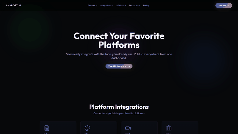 Screenshot: Integrations page showing the platforms that AnyPost can publish to from a single dashboard.