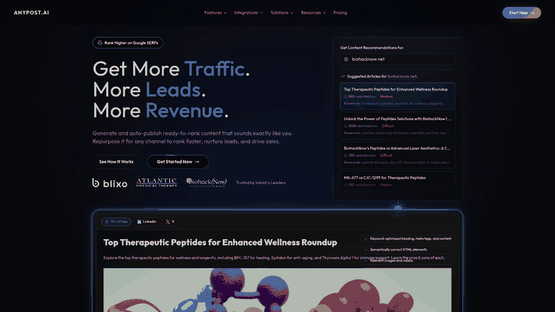 Screenshot: Hero section showcasing automated content generation and AI‑powered publishing