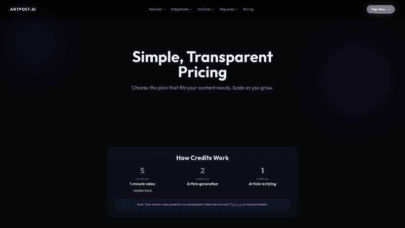 Screenshot: Pricing page highlighting Advanced SEO optimization, multi‑platform publishing, and real‑time analytics features