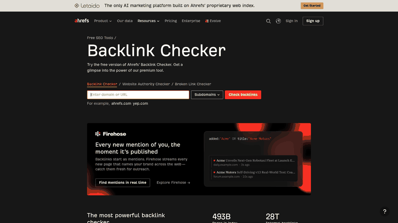 Screenshot: Backlink Checker showing backlink metrics and filter options.