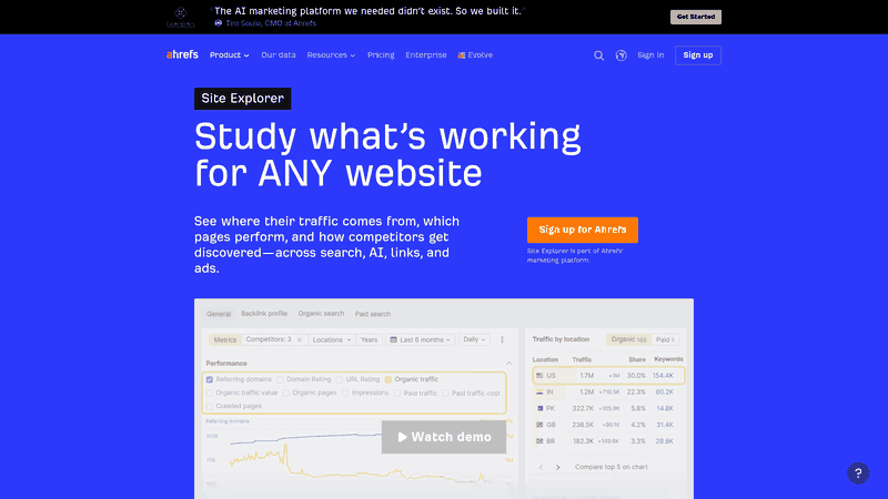 Screenshot: Site Explorer dashboard with competitor analysis metrics.