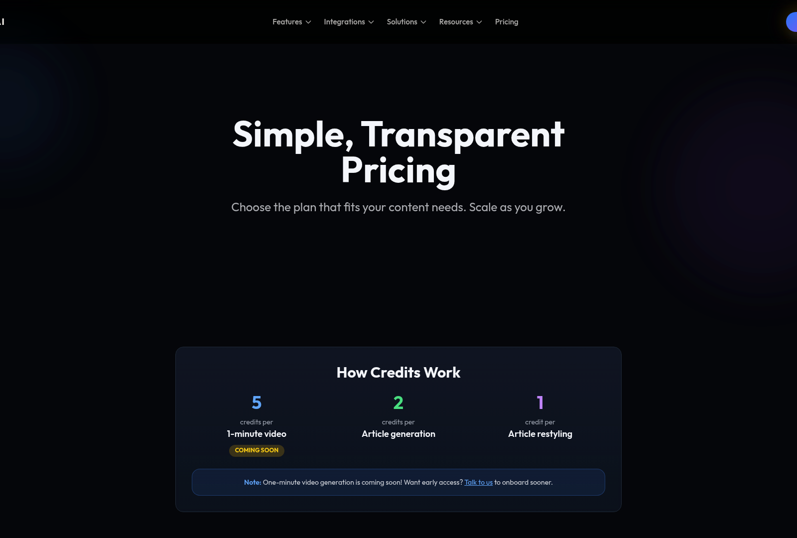 Screenshot: Pricing table that shows feature tiers, credit usage, and SEO optimization options.
