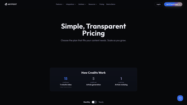 Screenshot: Shows AnyPost's transparent pricing tiers and credit system, helping readers compare cost versus Ahrefs.