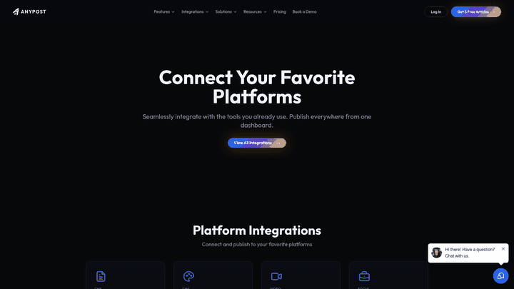 Screenshot: Screenshot of the integrations list, showing WordPress, LinkedIn, X, Instagram, TikTok, and Google Analytics connections that support automated publishing and technical compliance.