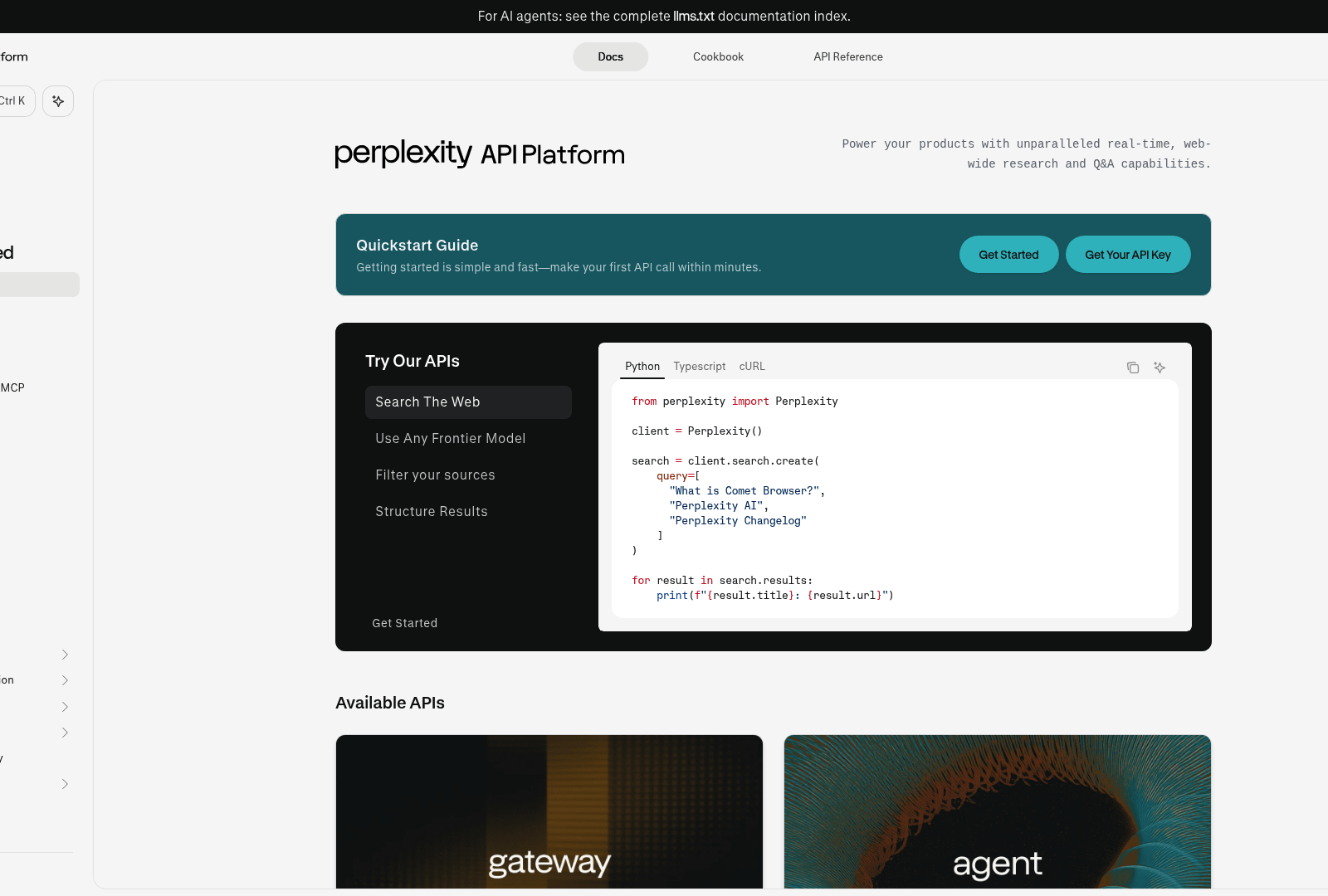 Screenshot: Perplexity API documentation landing page