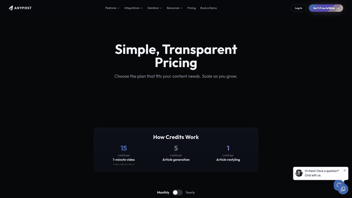 Screenshot: AnyPost.ai pricing tiers and credit system