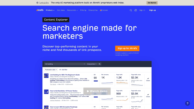 Screenshot: Screenshot of the Content Explorer dashboard displaying content ideas and link prospects.