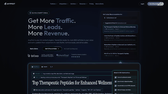 Screenshot: Homepage overview showcasing brand positioning, key value propositions, and call‑to‑action for the AI content platform.