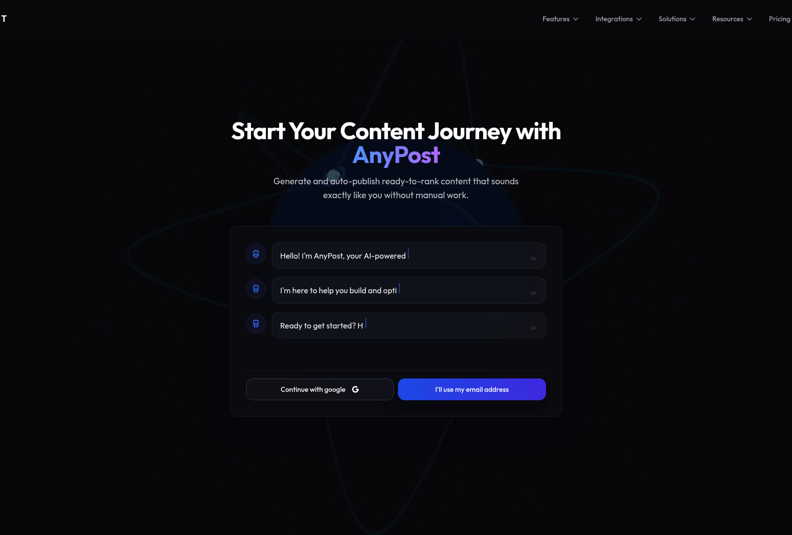 Screenshot: Login page showcasing the authentication form and call‑to‑action to generate content.