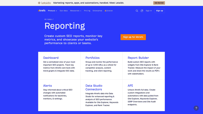 Screenshot: Full‑page view of Ahrefs Reporting homepage, showcasing the dashboard interface, key features, and branding.