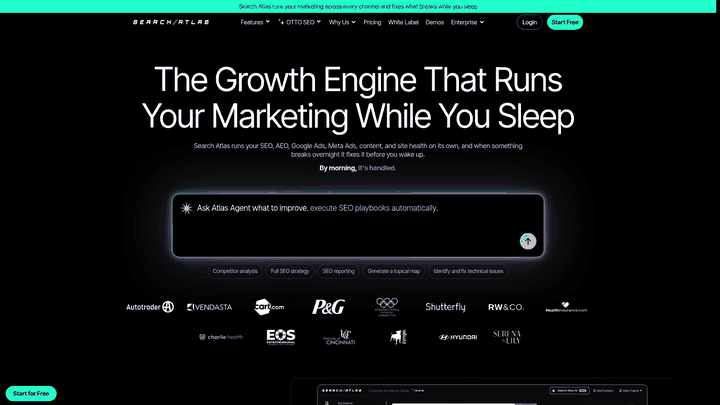 Screenshot: Full‑page view of Search Atlas homepage, displaying the AI‑powered marketing platform’s landing page and feature highlights.