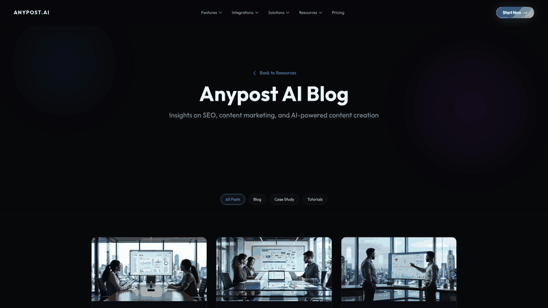 Screenshot: Screenshot of the AnyPost blog page showcasing articles and case studies.