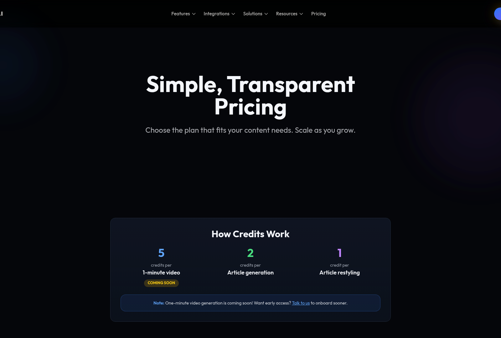 Screenshot: Pricing table showing Starter, Growth, Pro, Scale, and Enterprise plans with credit allocations, features, and support options.
