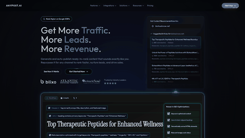 Screenshot: Hero section and overview of AnyPost’s automated content generation and SEO‑optimised publishing capabilities.