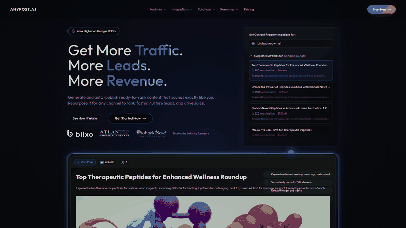 Screenshot: AnyPost homepage showcasing brand, key features, and CTA