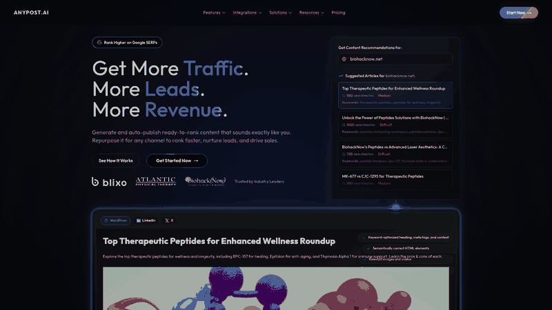 Screenshot: Homepage showcasing AnyPost’s brand messaging, key value propositions, and CTA to start content creation.