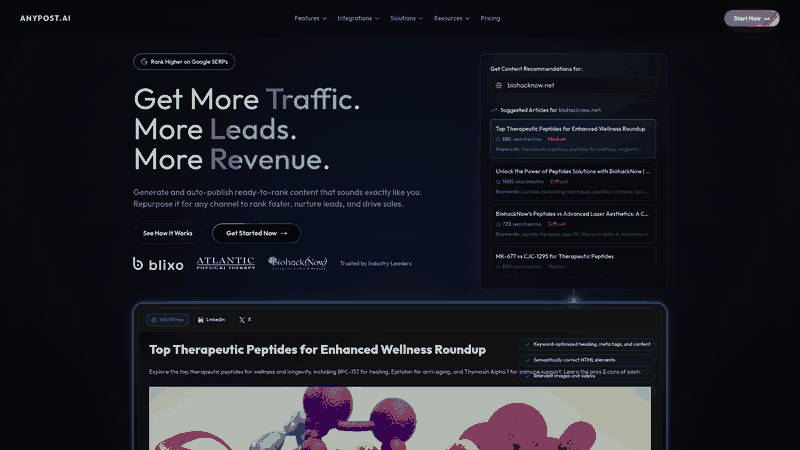 Screenshot: Home page showcasing AnyPost’s brand identity, key value propositions, and call‑to‑action.