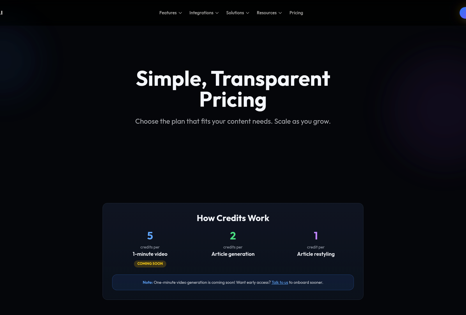 Screenshot: Pricing table displaying plan tiers, credit allocation, and key features such as SEO optimization, multi‑platform publishing, and analytics.