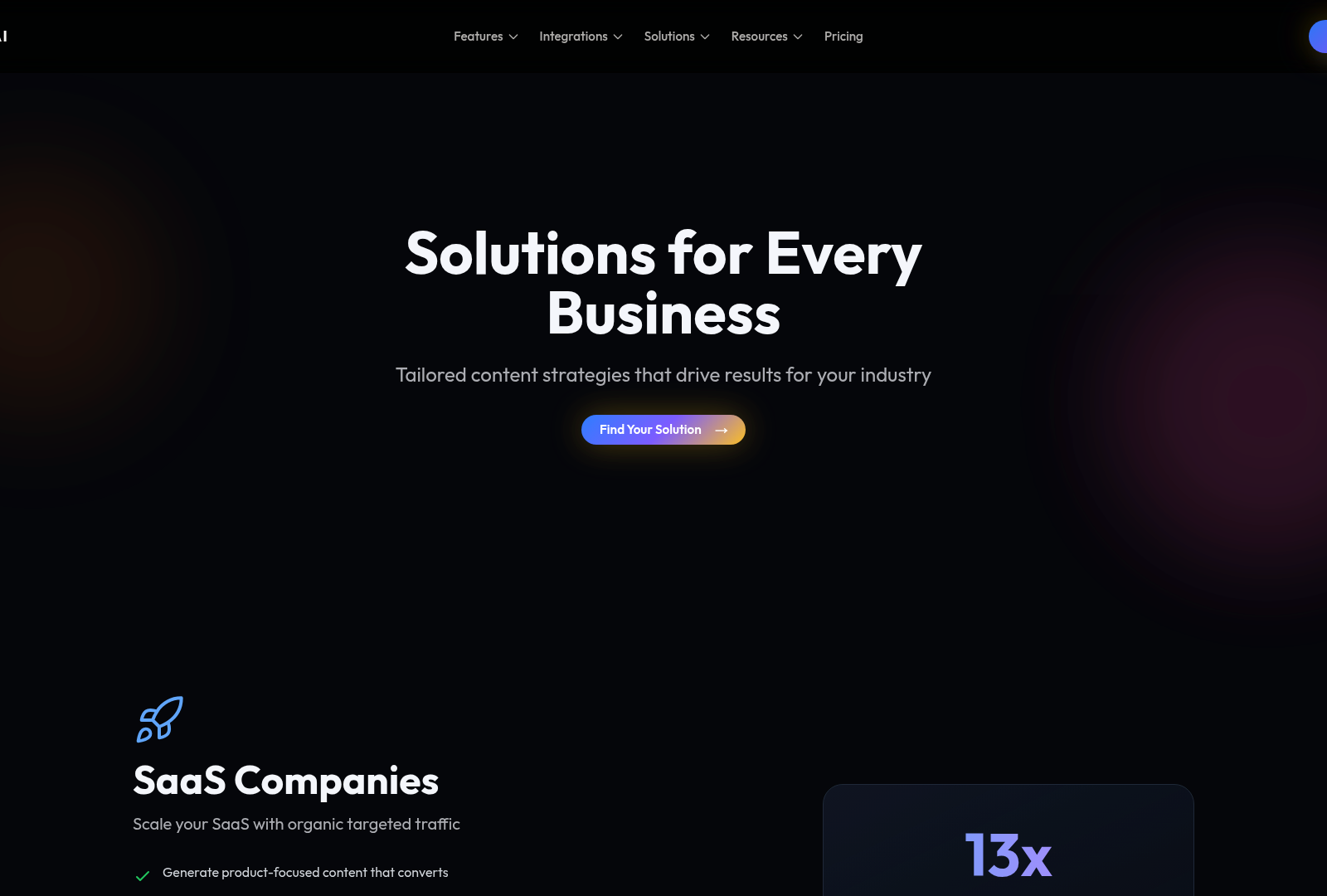 Screenshot: Solutions page showcasing tailored content strategies for B2B, SaaS, and marketing agencies, implying tone‑matching and persona‑driven content