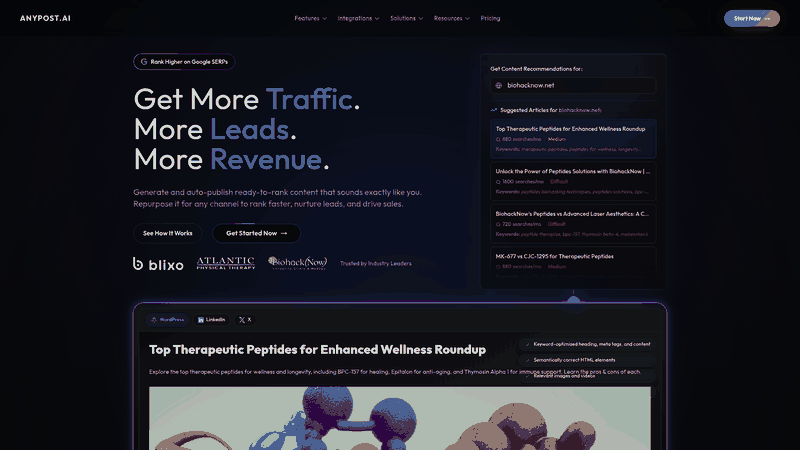 Screenshot: Homepage showcasing AnyPost’s branding, key value propositions, and call‑to‑action.