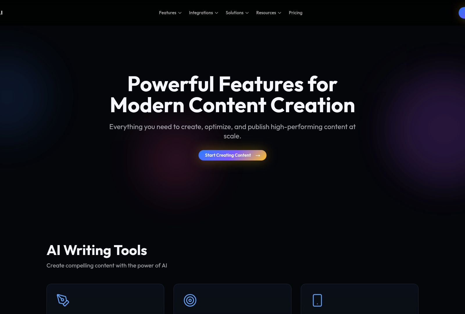 Screenshot: Feature list page highlighting content scheduling, tone matching, and multi‑platform publishing.