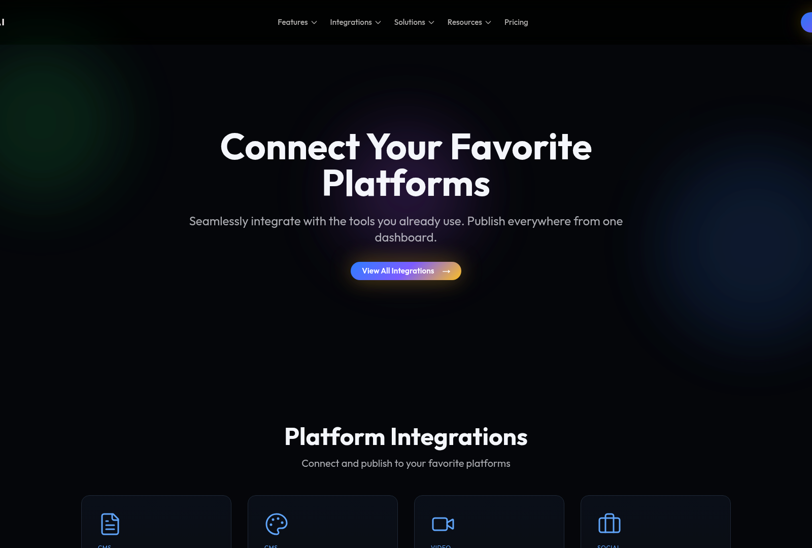 Screenshot: Integration page listing supported platforms and publishing destinations.