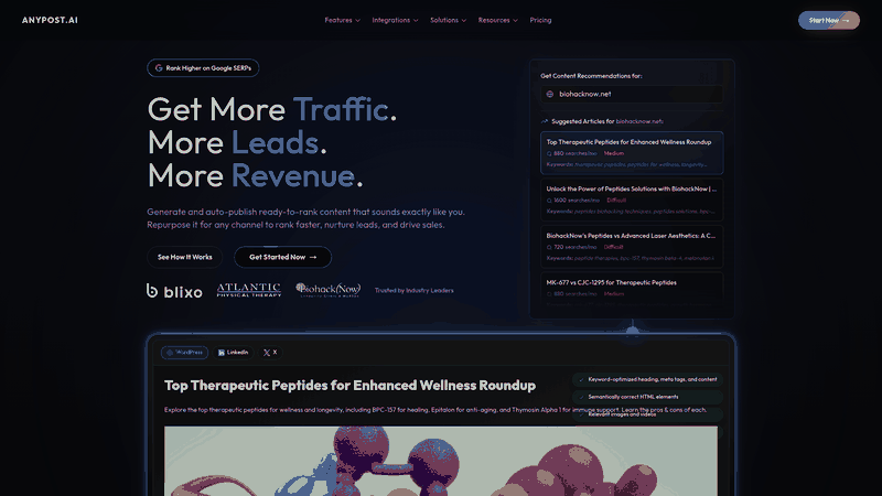 Screenshot: Full‑page view of the AnyPost homepage, showing the brand’s tone‑matching promise and overall design.
