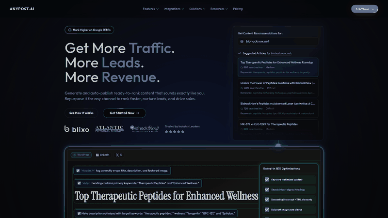 Screenshot: AnyPost homepage showcasing brand messaging and key features.