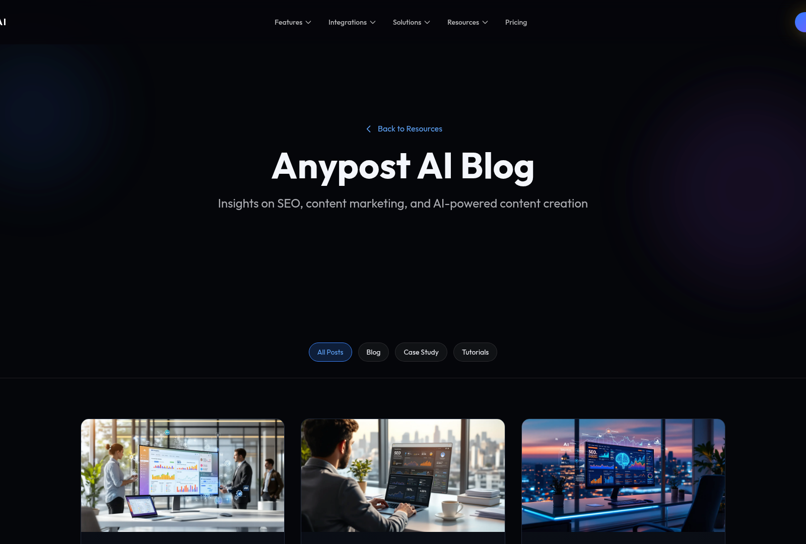Screenshot: Blog page with content on SEO and AI-powered content creation.