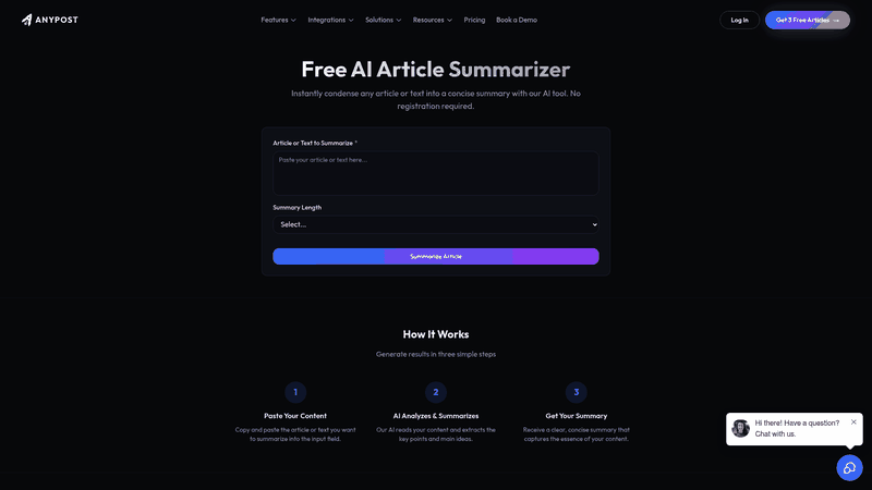 Screenshot: UI of the free AI article summarizer tool showing the input field and summary length options.