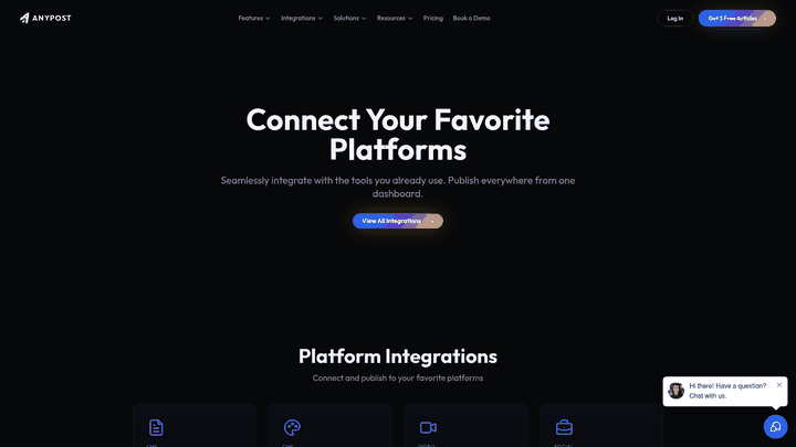 Screenshot: Integrations page highlighting Zapier, Make.com, WordPress, and other connectors.