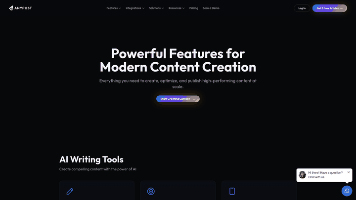 Screenshot: Features page showcasing AI content generator, SEO optimization, cross‑channel publishing, and personalization modules.