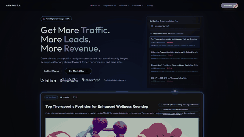 Screenshot: Landing page showing the brand’s headline, key value propositions, and call‑to‑action buttons.