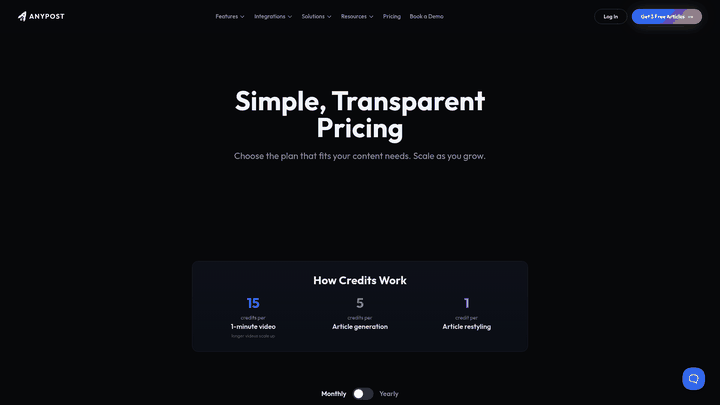 Screenshot: Pricing page highlighting AnyPost's automated backlink generation service