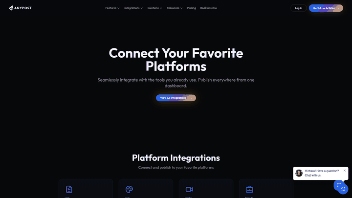 Screenshot: Screenshot of the integrations page showing email platforms (e.g., LinkedIn, X, Email) that can be auto‑published from the dashboard.