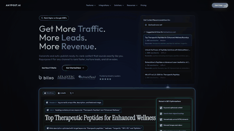 Screenshot: Homepage hero section showcasing the platform’s automated content creation and SEO optimization capabilities.