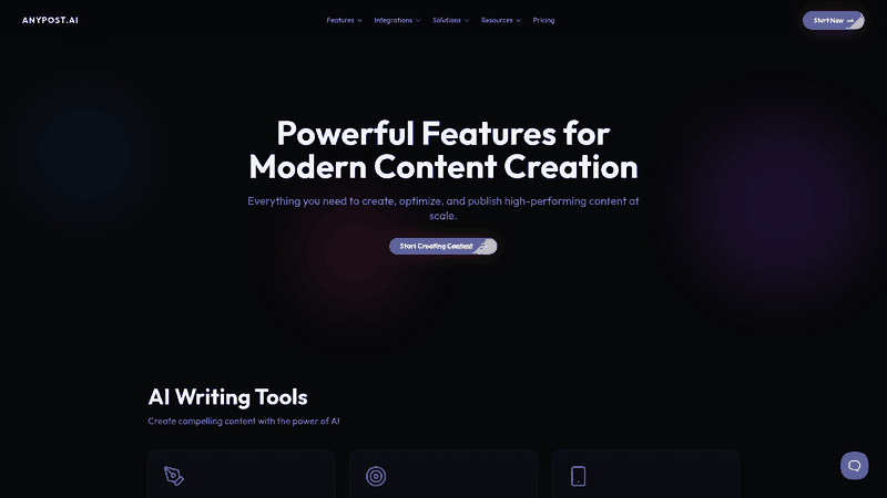 Screenshot: Features list highlighting content scheduling, SEO optimization, multi-platform publishing, and analytics.