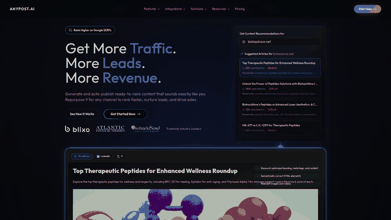 Screenshot: Homepage of AnyPost.ai showcasing the platform’s branding, core value proposition, and key feature highlights.