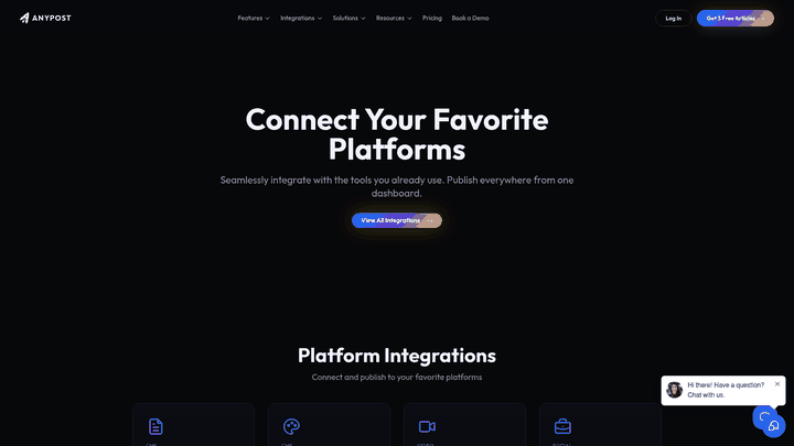 Screenshot: Integrations page showing connections to Google Analytics, Search Console, and other platforms.