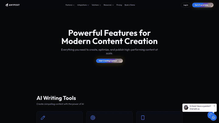 Screenshot: Screenshot of the Features page highlighting performance analytics, dashboard UI, and KPI tracking capabilities.