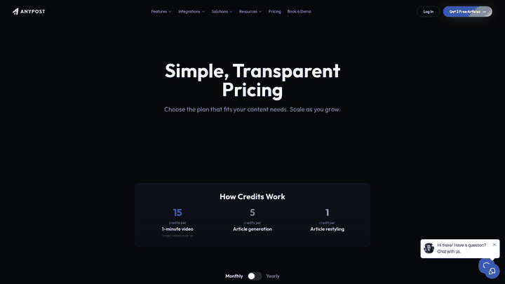 Screenshot: Transparent pricing page with credit usage and plan options