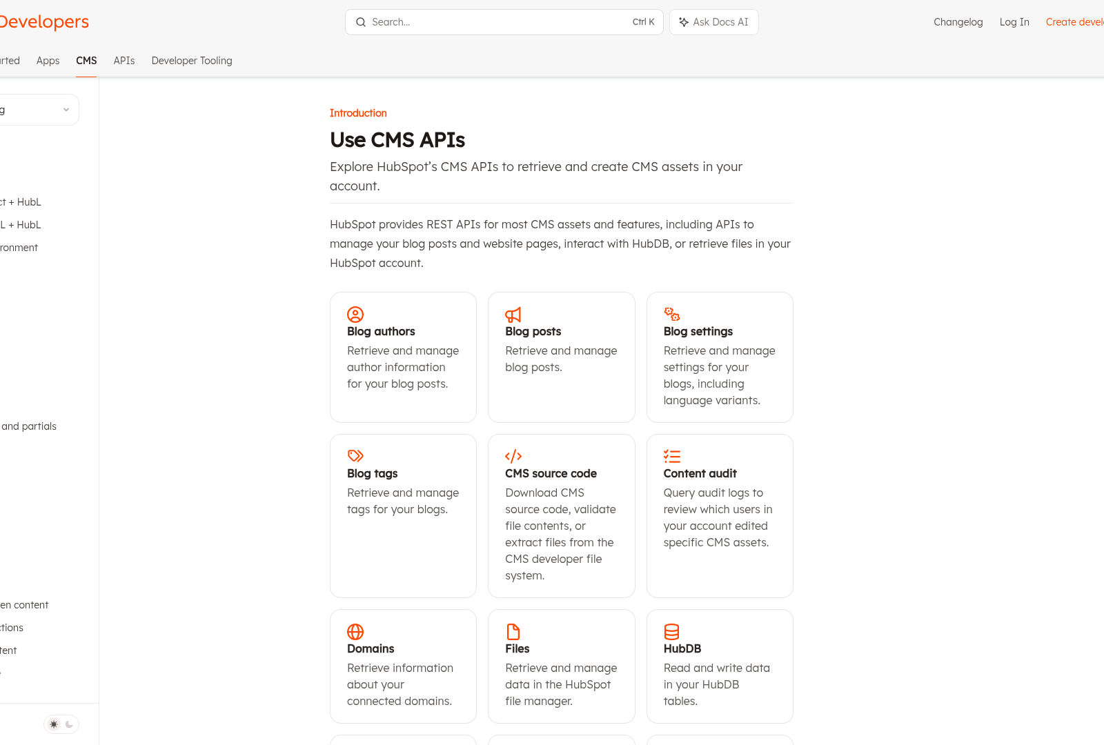 Screenshot: HubSpot CMS API page detailing endpoints for managing content assets.
