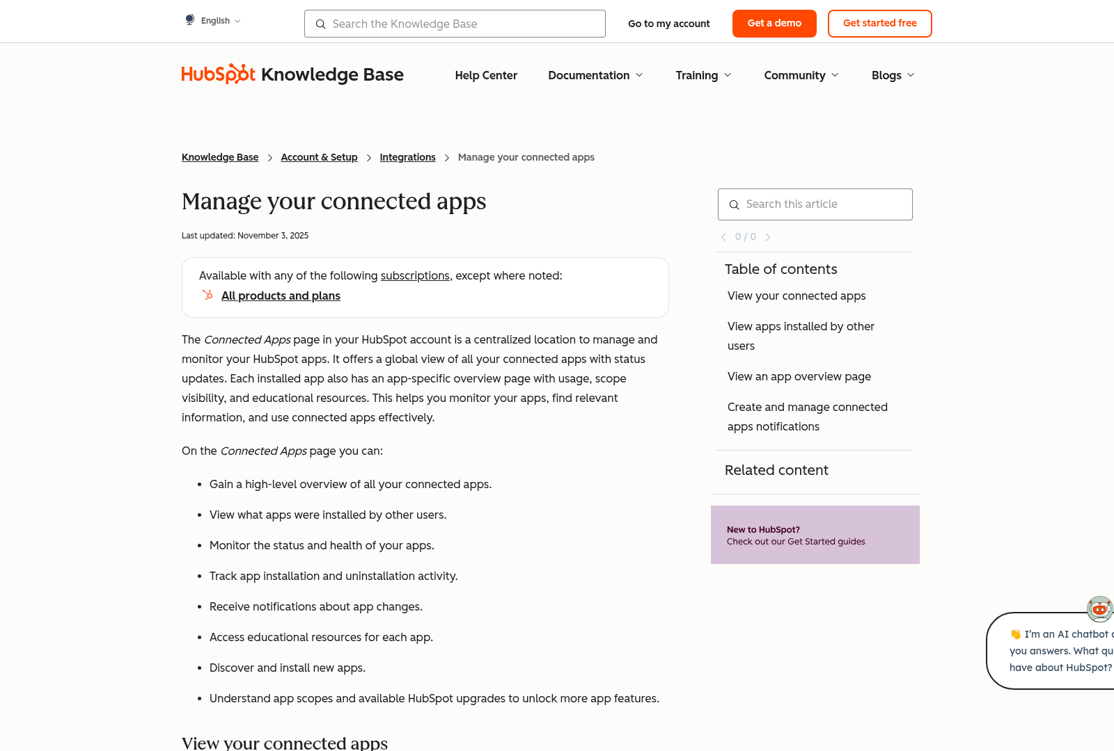 Screenshot: HubSpot Connected Apps interface showing how to manage integrations.