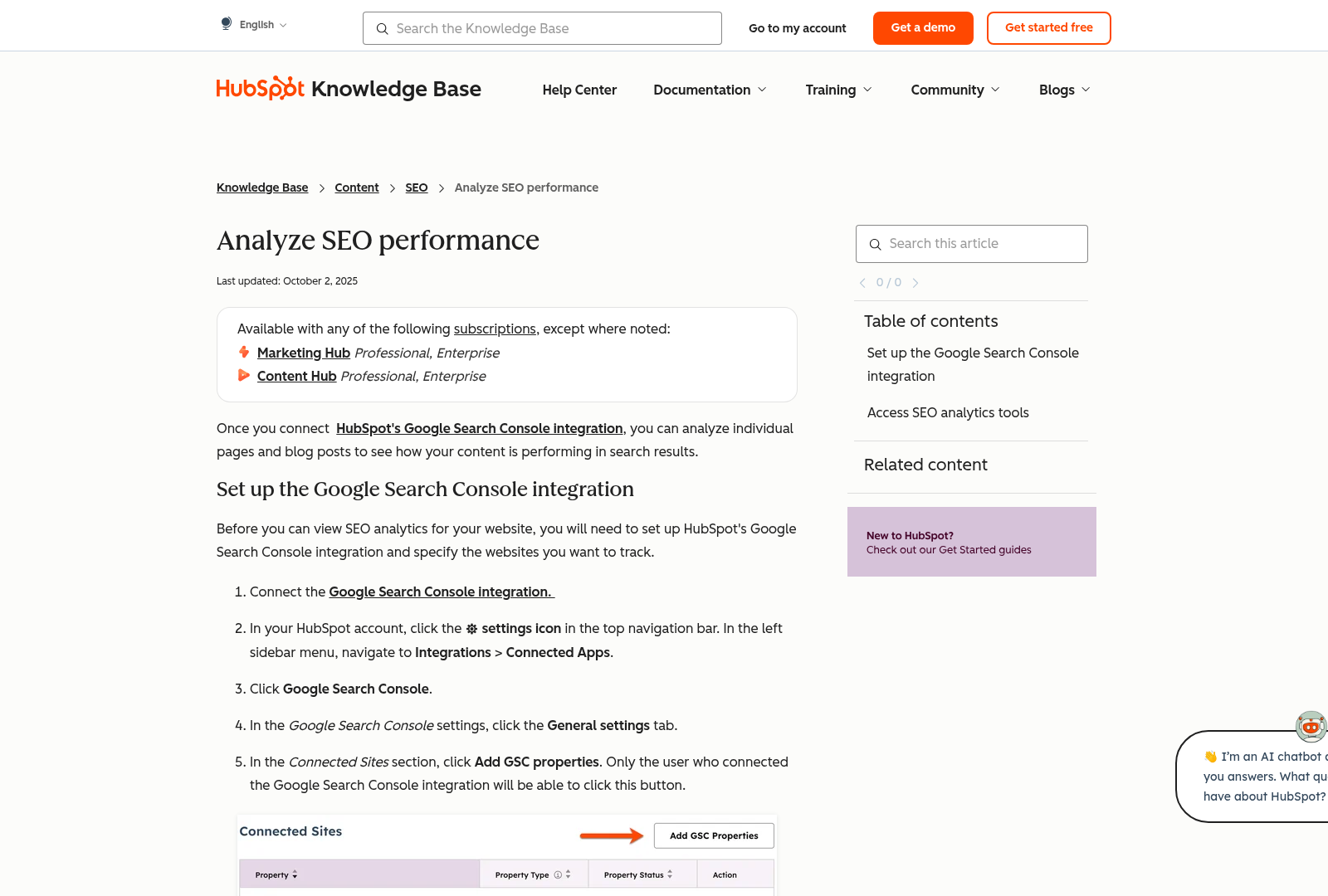 Screenshot: HubSpot’s SEO performance dashboard after connecting Google Search Console.