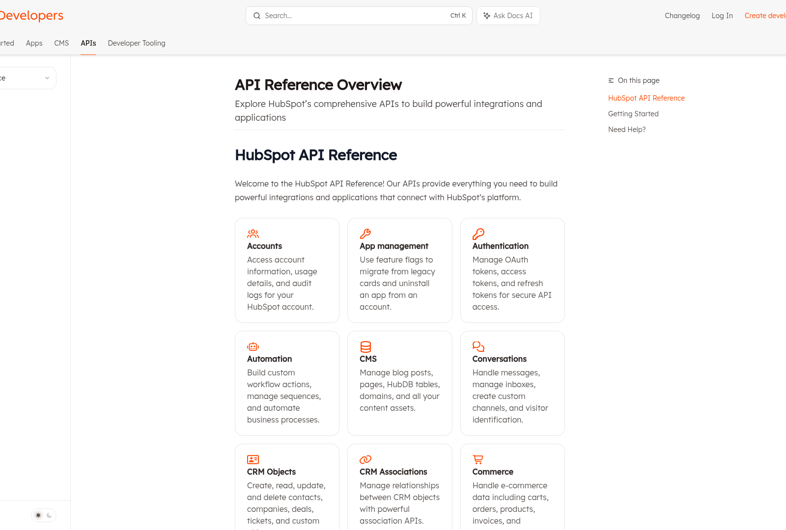Screenshot: HubSpot API Reference Overview page showing available API endpoints for the Content Hub.