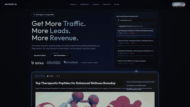 Screenshot: Homepage showcasing the AnyPost AI product and its focus on AI‑generated SEO‑optimized content.