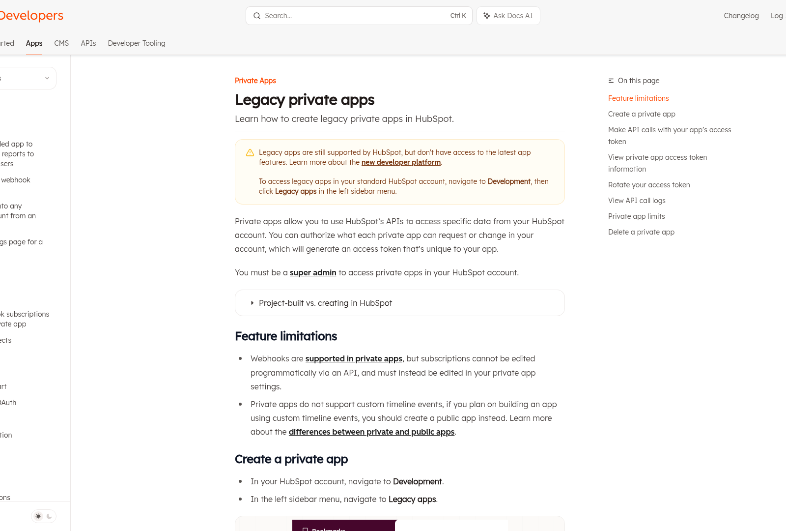 Screenshot: HubSpot private‑app creation page, highlighting the UI for generating an access token.